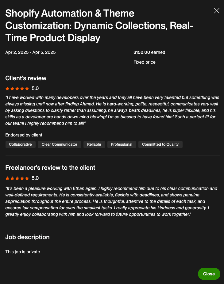 Upwork client review for a Shopify automation and theme customization project, rated 5.0
