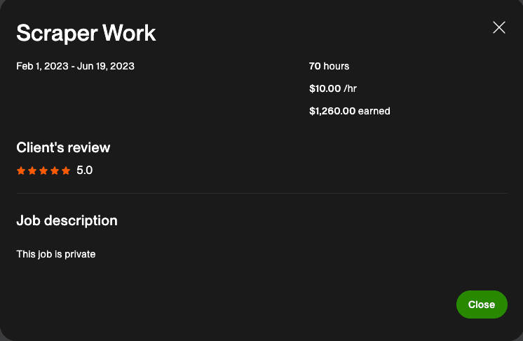 Upwork client review for a series of custom web scrapers built for one client, rated 5.0