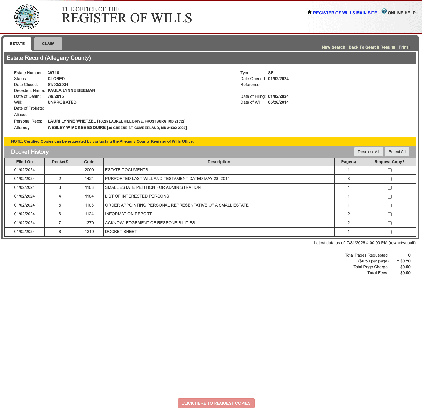Maryland Register of Wills Scraper screenshot 2